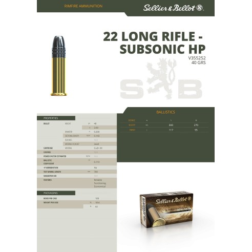 22 LR SUBSONIC HP SELLIER BELLOT 40GR BTE X50